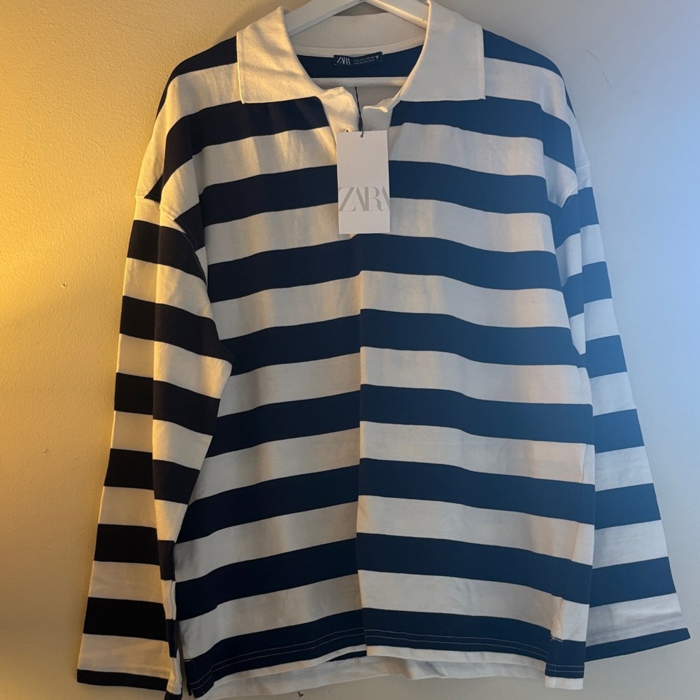 Zara Men's Black and White Striped Long Sleeve Shirt